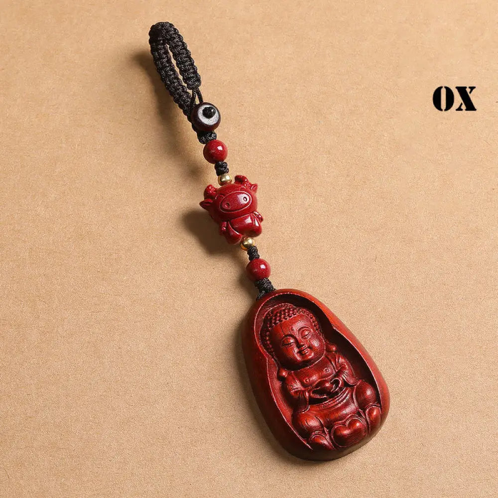 Buddha Stones Small Leaf Red Sandalwood Buddha Cinnabar Chinese Zodiac Amulet Protection Key Chain - Ox - Key Chain