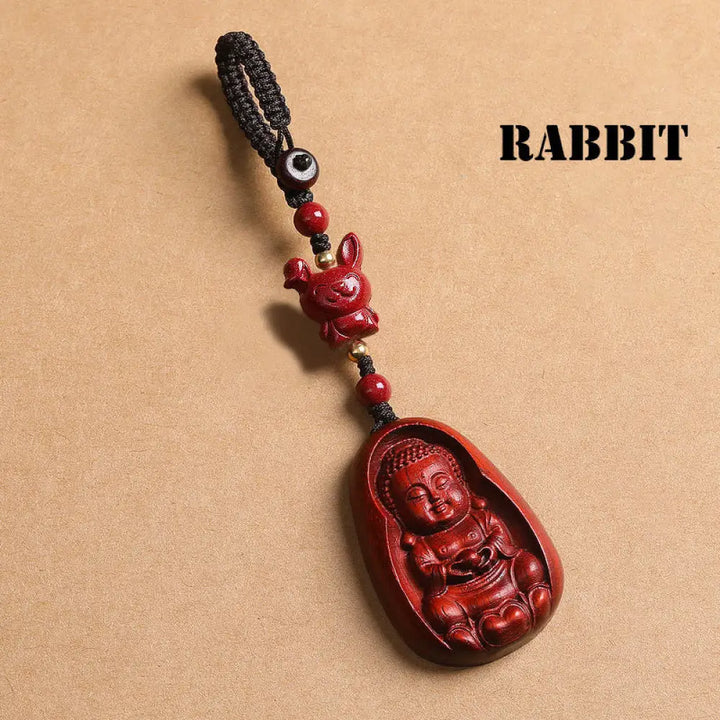 Buddha Stones Small Leaf Red Sandalwood Buddha Cinnabar Chinese Zodiac Amulet Protection Key Chain - Rabbit - Key Chain
