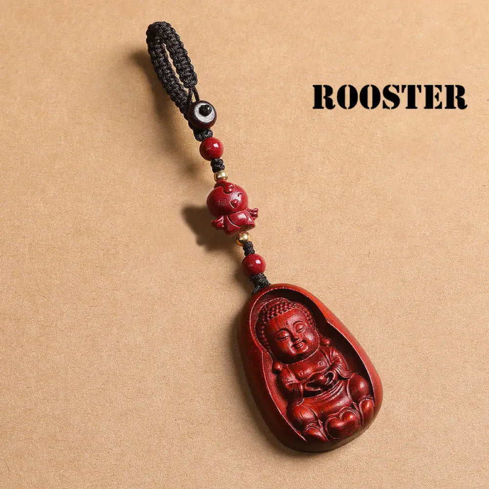 Buddha Stones Small Leaf Red Sandalwood Buddha Cinnabar Chinese Zodiac Amulet Protection Key Chain - Rooster - Key Chain