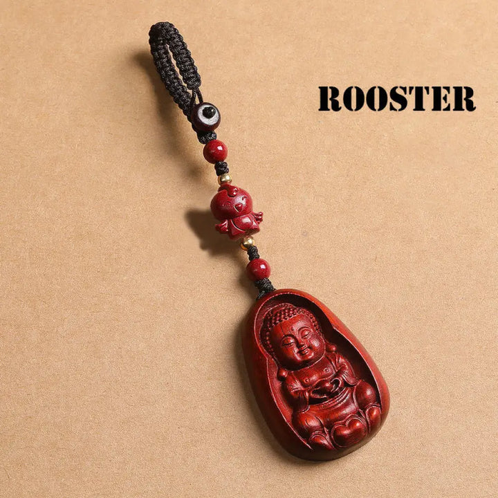 Buddha Stones Small Leaf Red Sandalwood Buddha Cinnabar Chinese Zodiac Amulet Protection Key Chain - Rooster - Key Chain