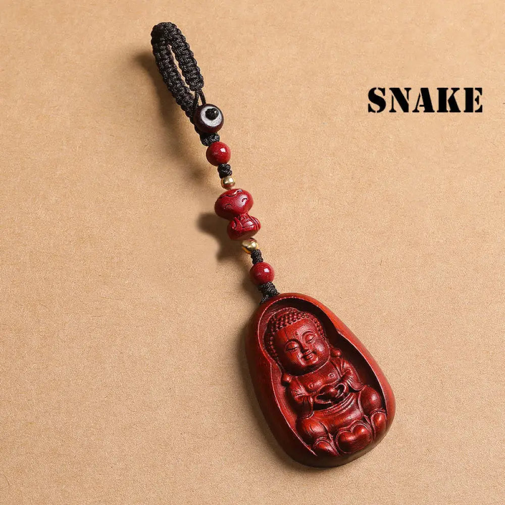 Buddha Stones Small Leaf Red Sandalwood Buddha Cinnabar Chinese Zodiac Amulet Protection Key Chain - Snake - Key Chain