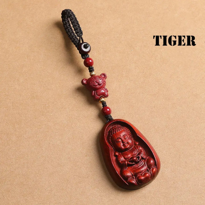 Buddha Stones Small Leaf Red Sandalwood Buddha Cinnabar Chinese Zodiac Amulet Protection Key Chain - Tiger - Key Chain