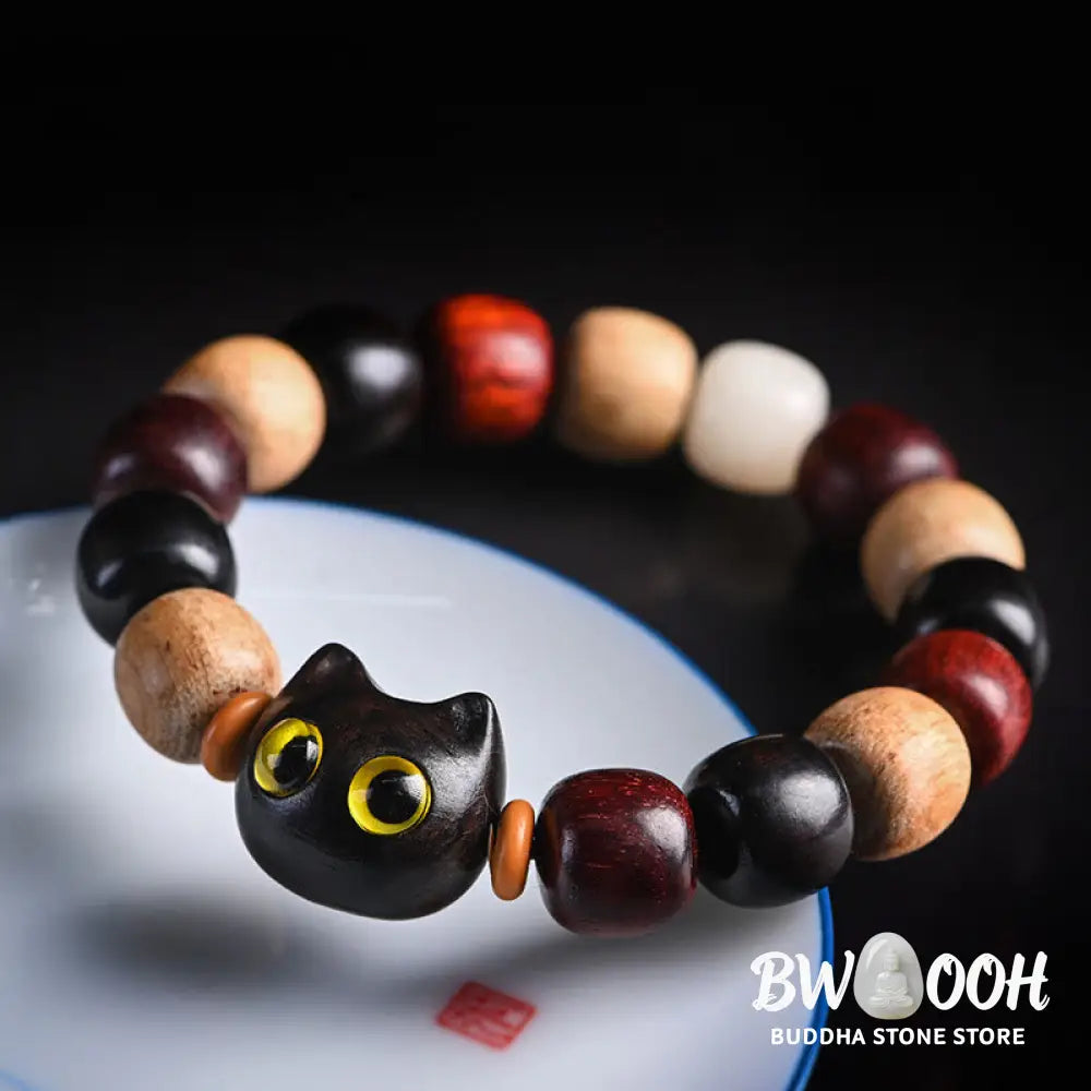 Buddha Stones Small Leaf Red Sandalwood Ebony Wood Cute Cat Engraved Protection Bracelet - BWOOOH - Bracelet