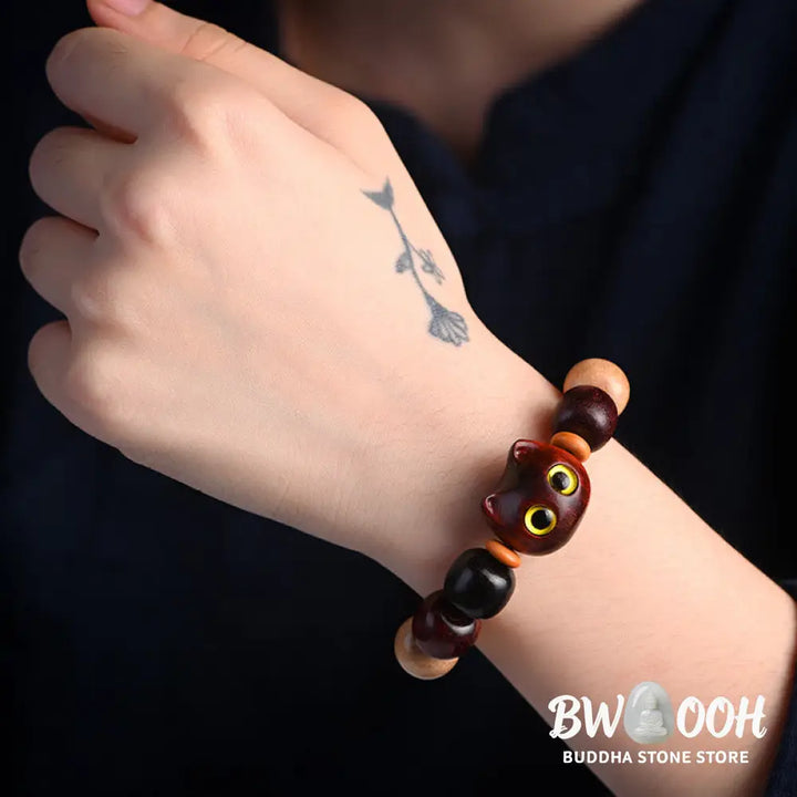 Buddha Stones Small Leaf Red Sandalwood Ebony Wood Cute Cat Engraved Protection Bracelet - BWOOOH - Bracelet