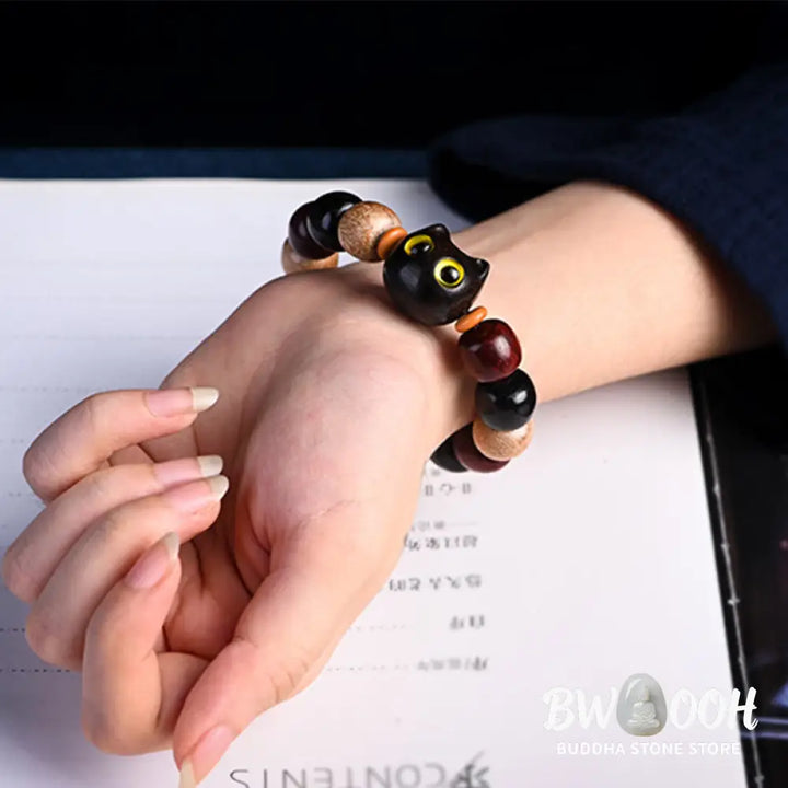 Buddha Stones Small Leaf Red Sandalwood Ebony Wood Cute Cat Engraved Protection Bracelet - BWOOOH - Bracelet