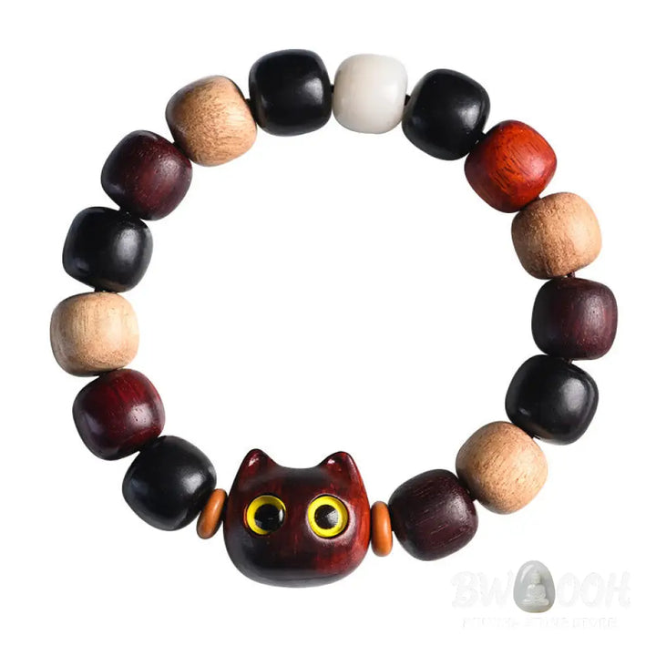 Buddha Stones Small Leaf Red Sandalwood Ebony Wood Cute Cat Engraved Protection Bracelet - BWOOOH - Bracelet