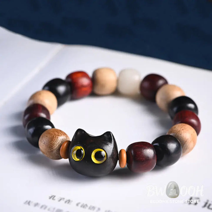 Buddha Stones Small Leaf Red Sandalwood Ebony Wood Cute Cat Engraved Protection Bracelet - BWOOOH - Bracelet