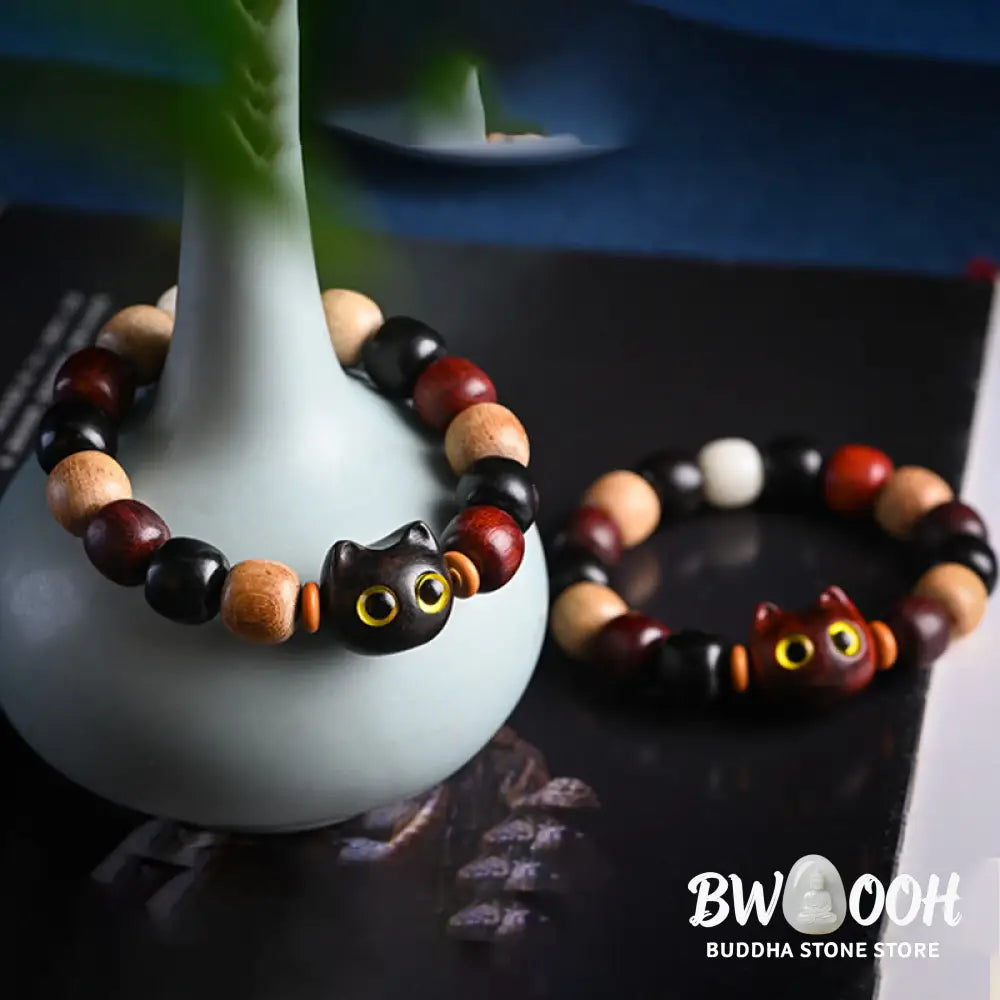 Buddha Stones Small Leaf Red Sandalwood Ebony Wood Cute Cat Engraved Protection Bracelet - BWOOOH - Bracelet