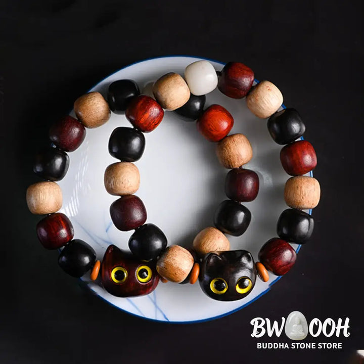 Buddha Stones Small Leaf Red Sandalwood Ebony Wood Cute Cat Engraved Protection Bracelet - BWOOOH - Bracelet