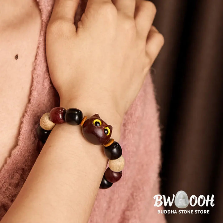 Buddha Stones Small Leaf Red Sandalwood Ebony Wood Cute Cat Engraved Protection Bracelet - BWOOOH - Bracelet
