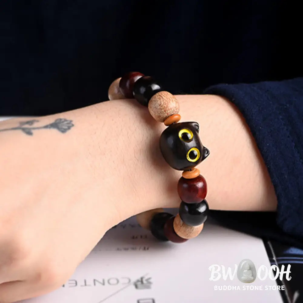 Buddha Stones Small Leaf Red Sandalwood Ebony Wood Cute Cat Engraved Protection Bracelet - BWOOOH - Bracelet