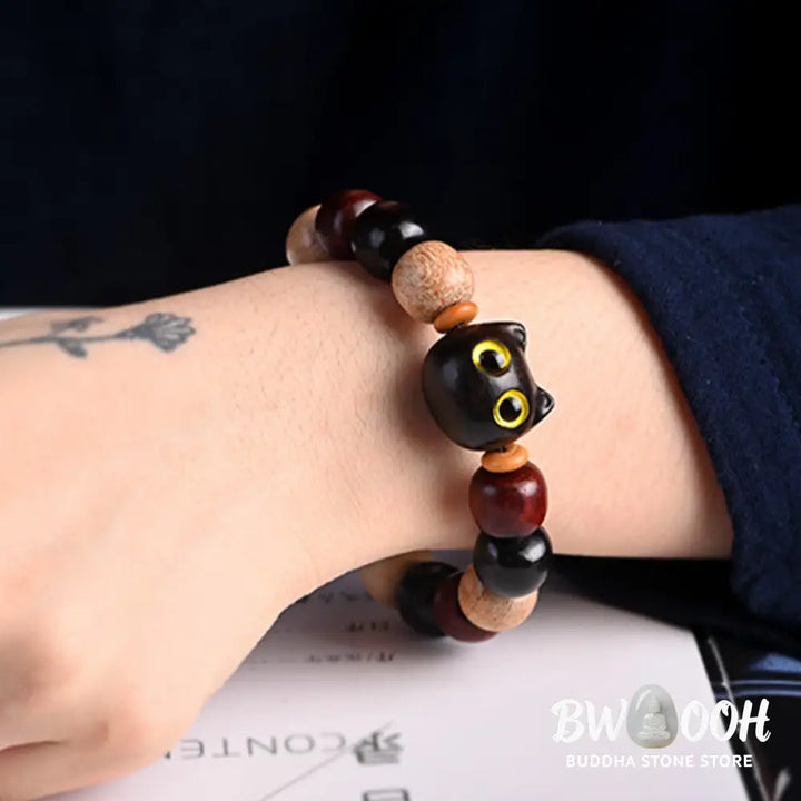 Buddha Stones Small Leaf Red Sandalwood Ebony Wood Cute Cat Engraved Protection Bracelet - BWOOOH - Bracelet