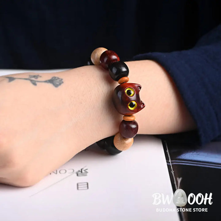 Buddha Stones Small Leaf Red Sandalwood Ebony Wood Cute Cat Engraved Protection Bracelet - BWOOOH - Bracelet