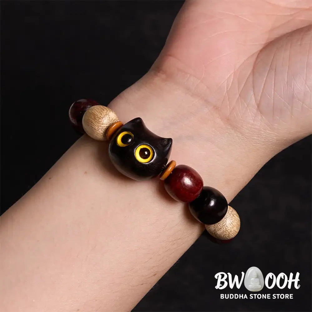 Buddha Stones Small Leaf Red Sandalwood Ebony Wood Cute Cat Engraved Protection Bracelet - BWOOOH - Bracelet