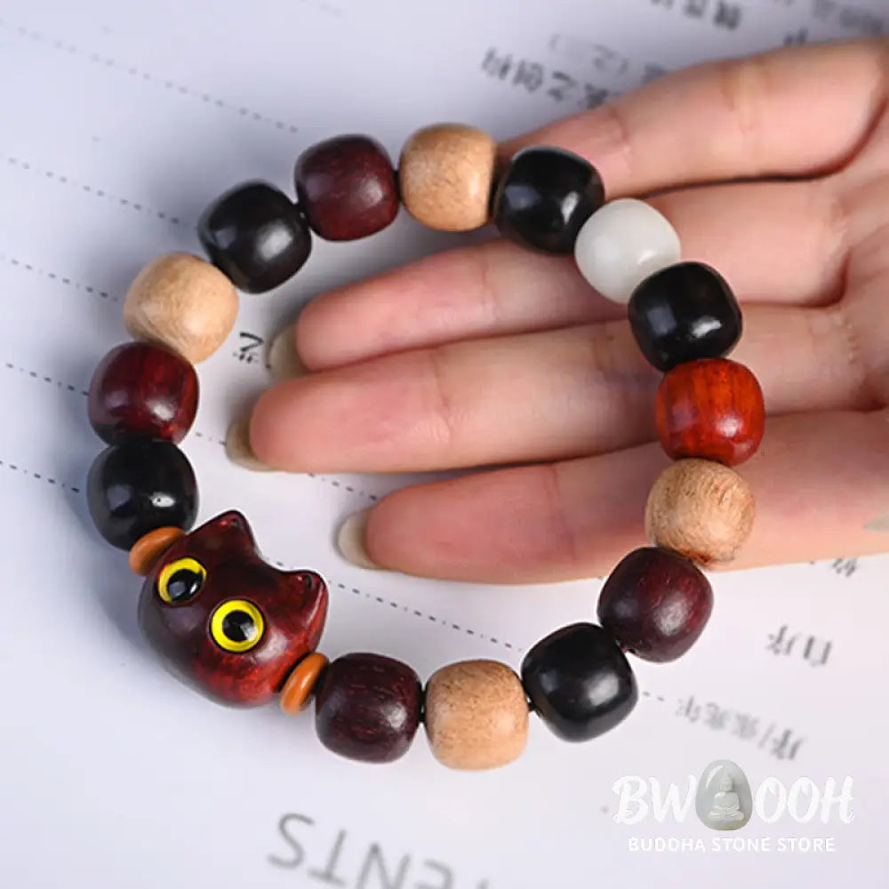 Buddha Stones Small Leaf Red Sandalwood Ebony Wood Cute Cat Engraved Protection Bracelet - BWOOOH - Bracelet