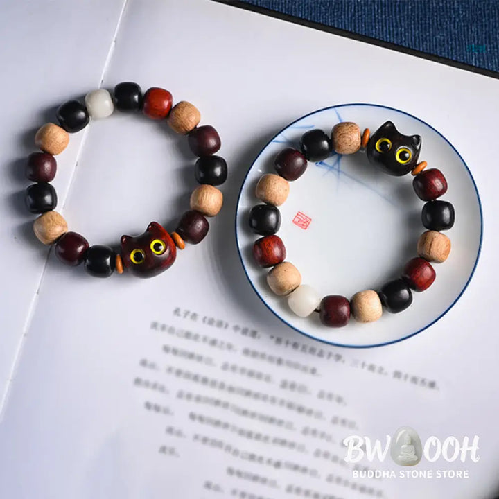 Buddha Stones Small Leaf Red Sandalwood Ebony Wood Cute Cat Engraved Protection Bracelet - BWOOOH - Bracelet
