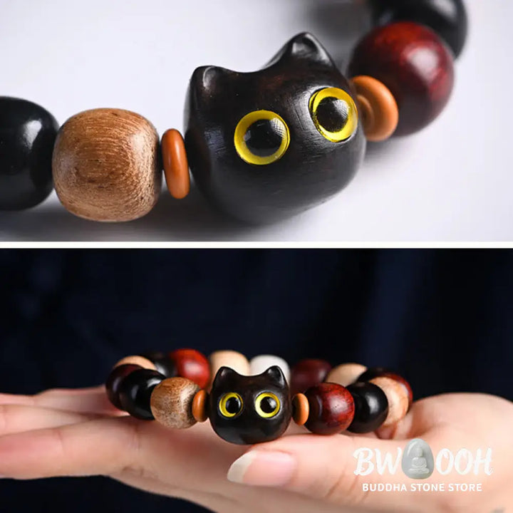 Buddha Stones Small Leaf Red Sandalwood Ebony Wood Cute Cat Engraved Protection Bracelet - BWOOOH - Bracelet