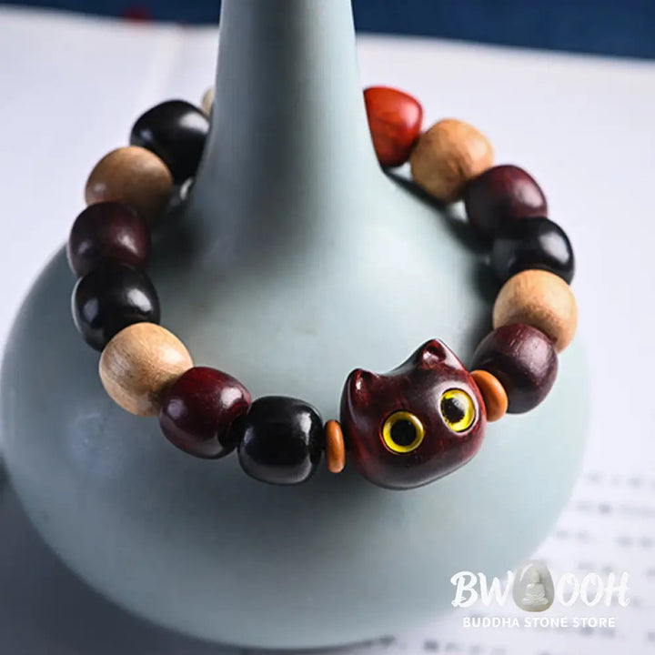 Buddha Stones Small Leaf Red Sandalwood Ebony Wood Cute Cat Engraved Protection Bracelet - BWOOOH - Bracelet