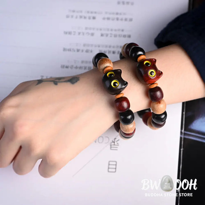 Buddha Stones Small Leaf Red Sandalwood Ebony Wood Cute Cat Engraved Protection Bracelet - BWOOOH - Bracelet