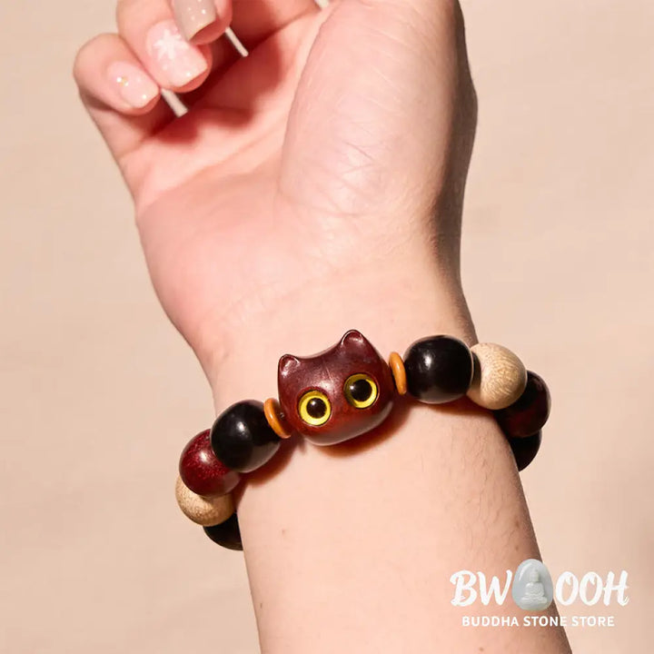 Buddha Stones Small Leaf Red Sandalwood Ebony Wood Cute Cat Engraved Protection Bracelet - BWOOOH - Bracelet