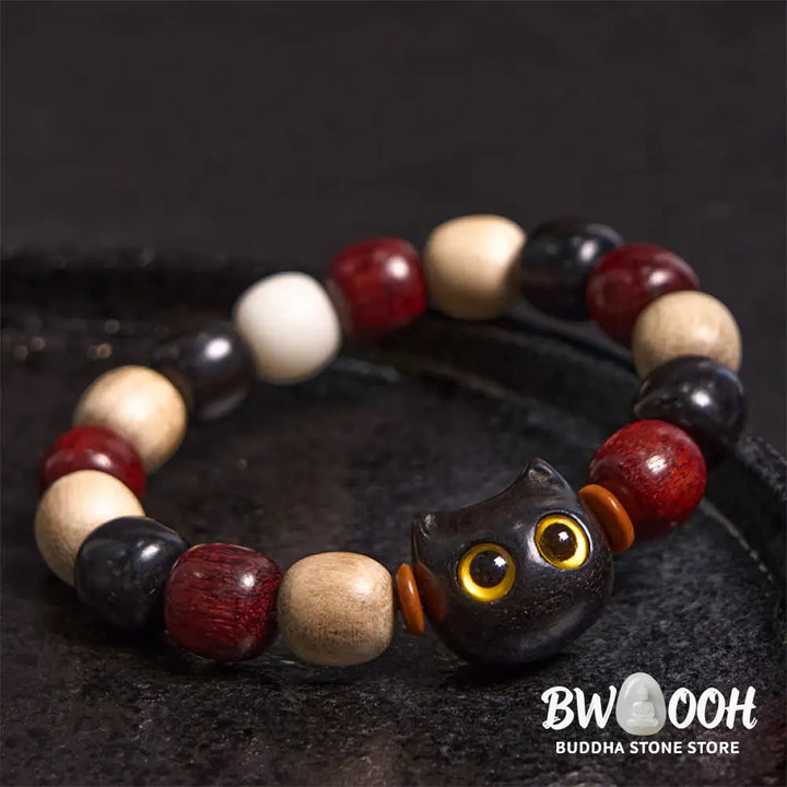 Buddha Stones Small Leaf Red Sandalwood Ebony Wood Cute Cat Engraved Protection Bracelet - BWOOOH - Bracelet