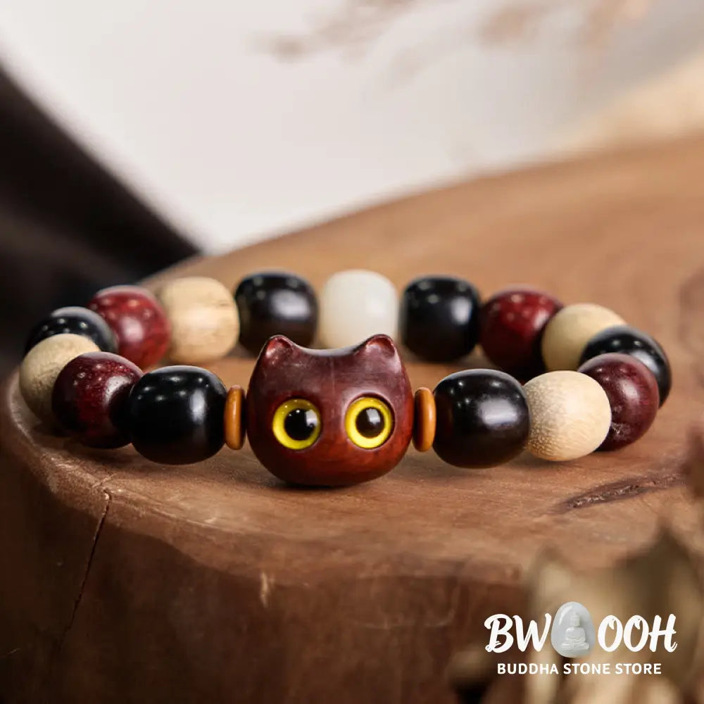 Buddha Stones Small Leaf Red Sandalwood Ebony Wood Cute Cat Engraved Protection Bracelet - BWOOOH - Bracelet