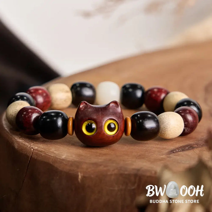 Buddha Stones Small Leaf Red Sandalwood Ebony Wood Cute Cat Engraved Protection Bracelet - BWOOOH - Bracelet