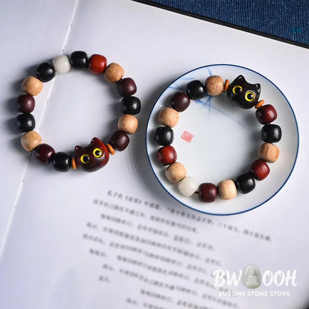 Buddha Stones Small Leaf Red Sandalwood Ebony Wood Cute Cat Engraved Protection Bracelet - BWOOOH - Bracelet