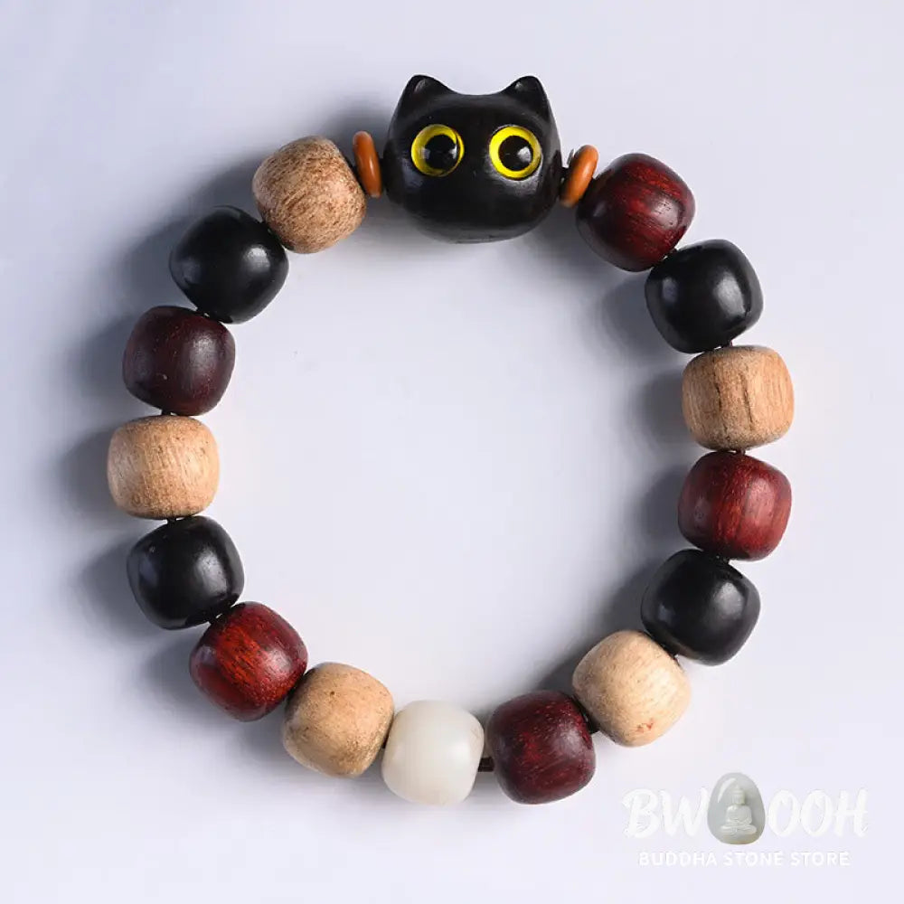 Buddha Stones Small Leaf Red Sandalwood Ebony Wood Cute Cat Engraved Protection Bracelet - BWOOOH - Bracelet