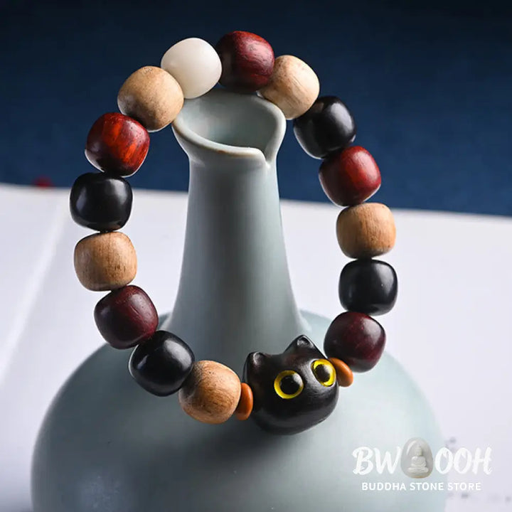 Buddha Stones Small Leaf Red Sandalwood Ebony Wood Cute Cat Engraved Protection Bracelet - BWOOOH - Bracelet
