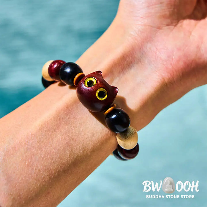 Buddha Stones Small Leaf Red Sandalwood Ebony Wood Cute Cat Engraved Protection Bracelet - BWOOOH - Bracelet
