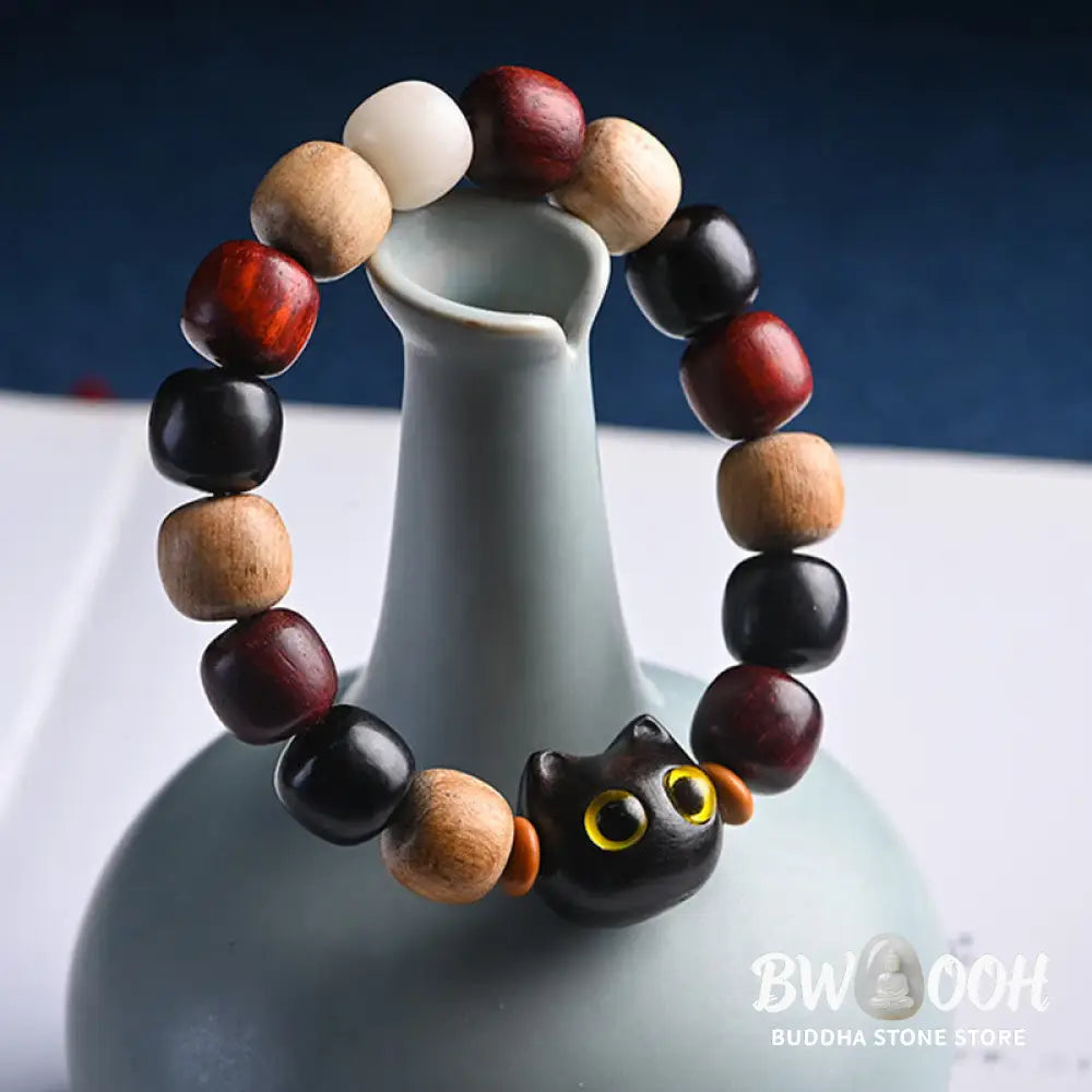 Buddha Stones Small Leaf Red Sandalwood Ebony Wood Cute Cat Engraved Protection Bracelet - BWOOOH - Bracelet