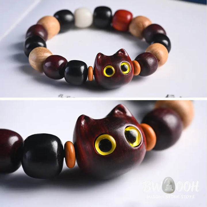 Buddha Stones Small Leaf Red Sandalwood Ebony Wood Cute Cat Engraved Protection Bracelet - BWOOOH - Bracelet