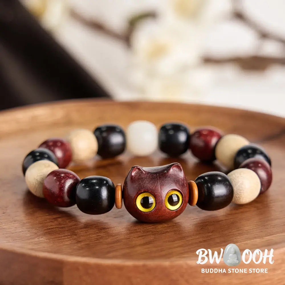 Buddha Stones Small Leaf Red Sandalwood Ebony Wood Cute Cat Engraved Protection Bracelet - BWOOOH - Bracelet