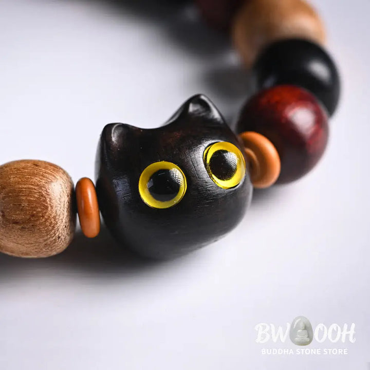 Buddha Stones Small Leaf Red Sandalwood Ebony Wood Cute Cat Engraved Protection Bracelet - BWOOOH - Bracelet