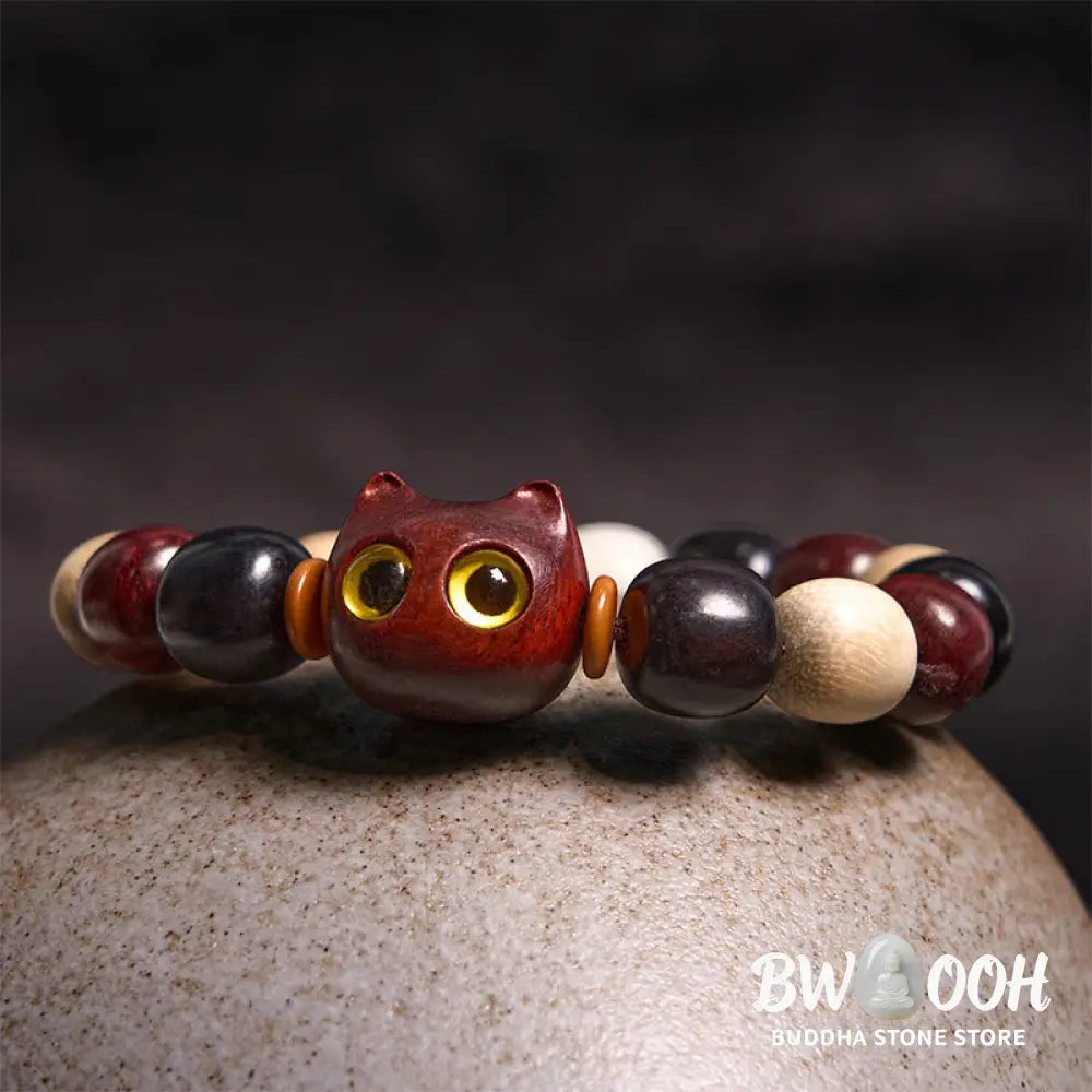 Buddha Stones Small Leaf Red Sandalwood Ebony Wood Cute Cat Engraved Protection Bracelet - BWOOOH - Bracelet