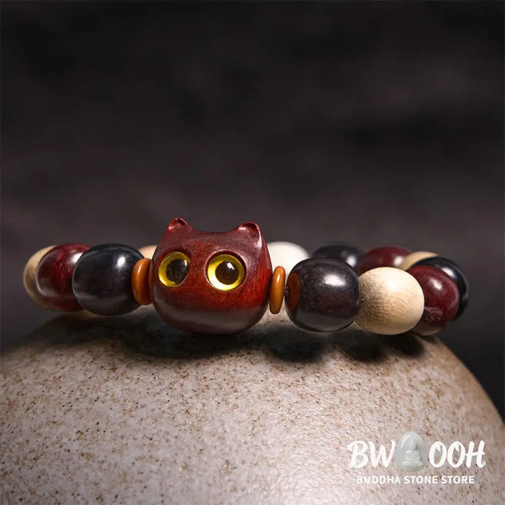 Buddha Stones Small Leaf Red Sandalwood Ebony Wood Cute Cat Engraved Protection Bracelet - BWOOOH - Bracelet