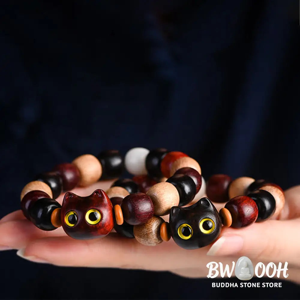Buddha Stones Small Leaf Red Sandalwood Ebony Wood Cute Cat Engraved Protection Bracelet - BWOOOH - Bracelet