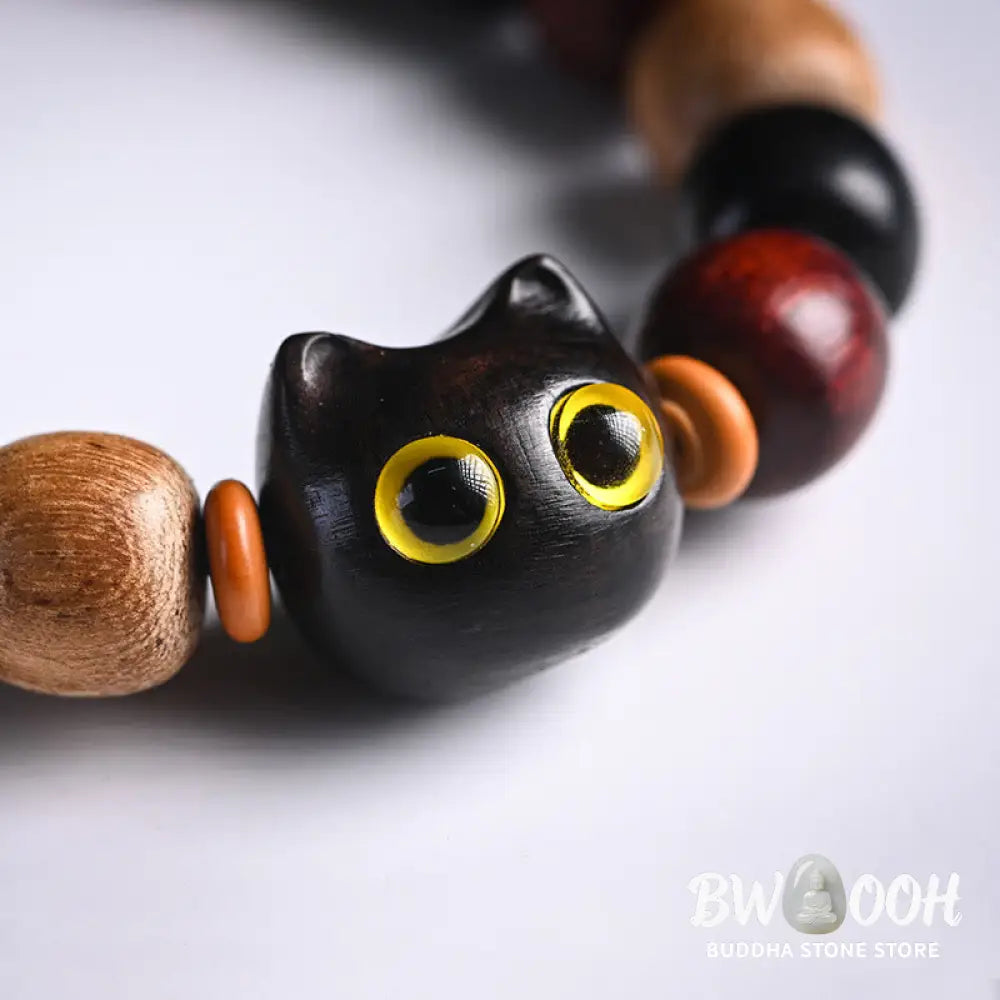Buddha Stones Small Leaf Red Sandalwood Ebony Wood Cute Cat Engraved Protection Bracelet - BWOOOH - Bracelet