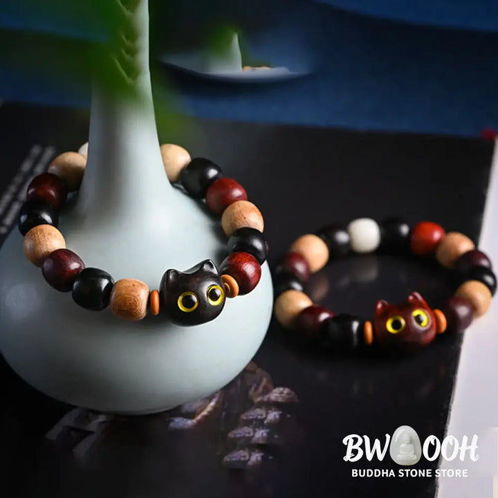 Buddha Stones Small Leaf Red Sandalwood Ebony Wood Cute Cat Engraved Protection Bracelet - BWOOOH - Bracelet