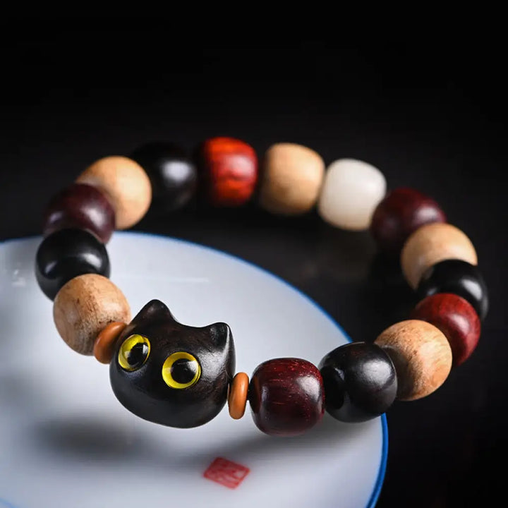 Buddha Stones Small Leaf Red Sandalwood Ebony Wood Cute Cat Engraved Protection Bracelet - BWOOOH - Ebony