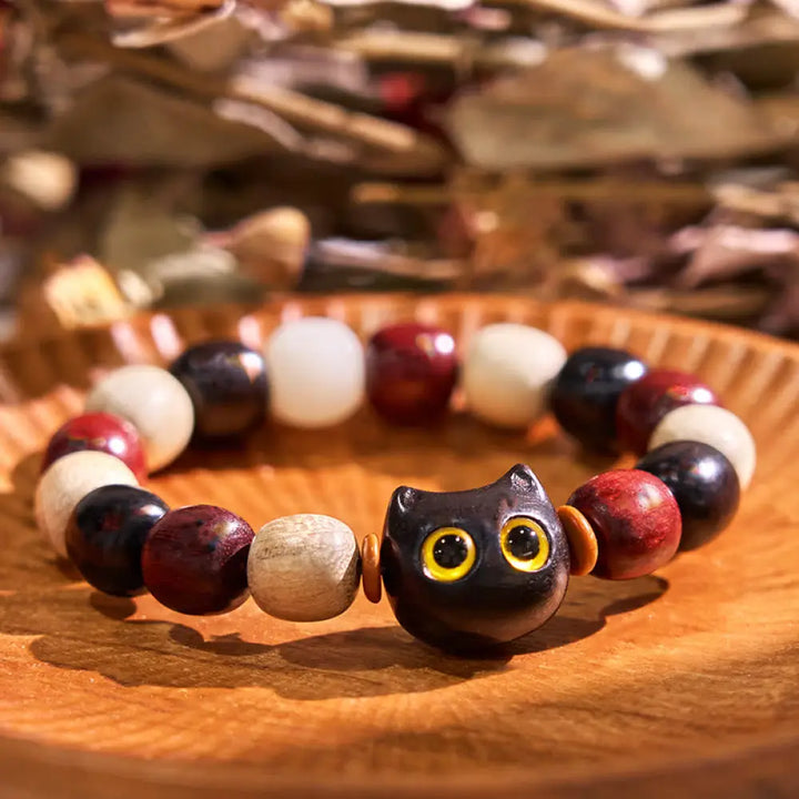 BWOOOH Small Leaf Red Sandalwood Ebony Wood Cute Cat Engraved Protection Bracelet - BWOOOH - Ebony