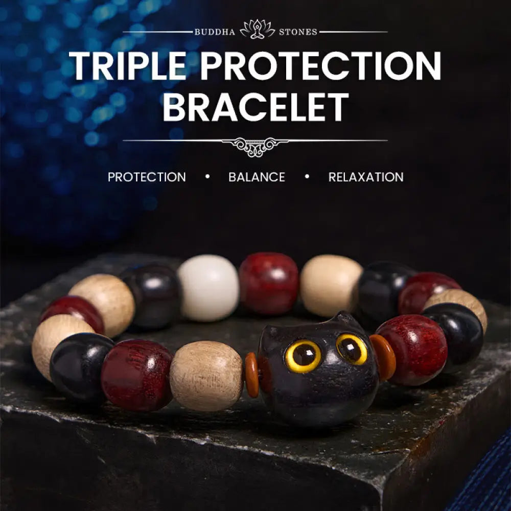BWOOOH Small Leaf Red Sandalwood Ebony Wood Cute Cat Engraved Protection Bracelet - BWOOOH - Ebony