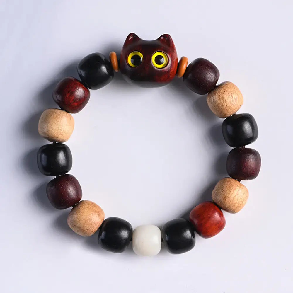 Buddha Stones Small Leaf Red Sandalwood Ebony Wood Cute Cat Engraved Protection Bracelet - BWOOOH - Small Leaf Red