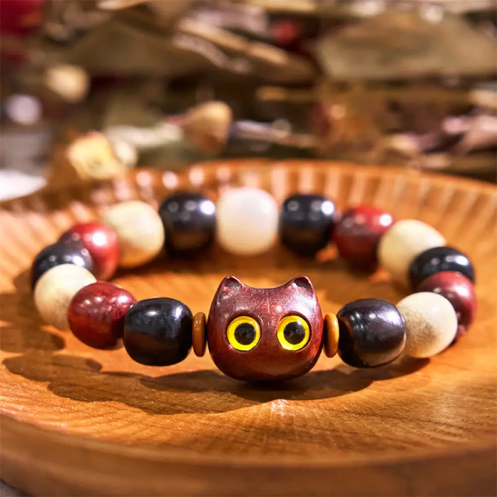 Buddha Stones Small Leaf Red Sandalwood Ebony Wood Cute Cat Engraved Protection Bracelet - BWOOOH - Small Leaf Red