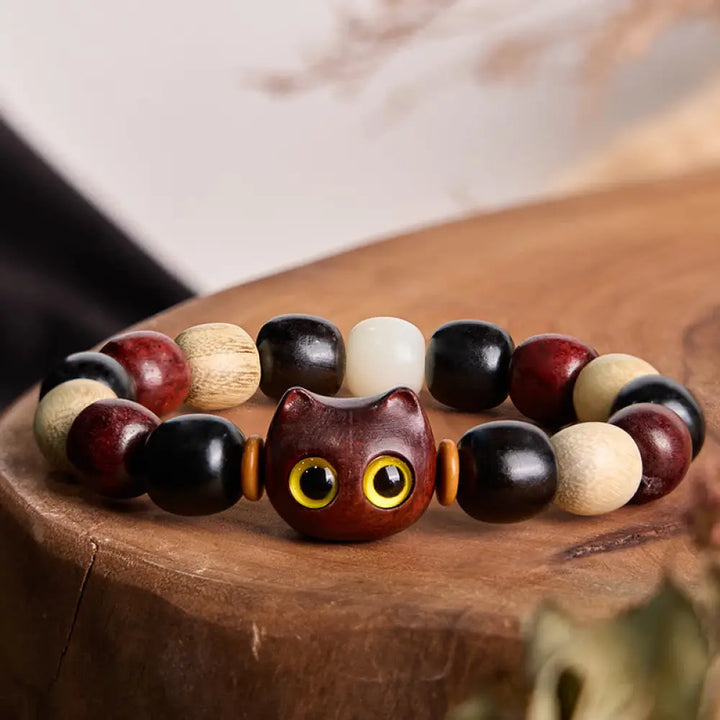 BWOOOH Small Leaf Red Sandalwood Ebony Wood Cute Cat Engraved Protection Bracelet — Red Sandalwood crystal healing bracele...