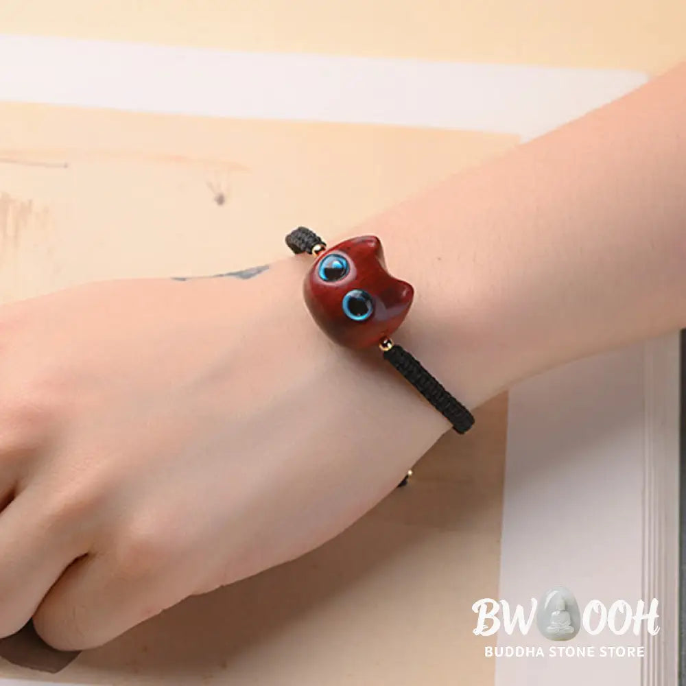 Buddha Stones Small Leaf Red Sandalwood Ebony Wood Cute Cat Head Calm Protection Braided Bracelet - BWOOOH - Bracelet