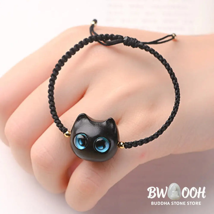 Buddha Stones Small Leaf Red Sandalwood Ebony Wood Cute Cat Head Calm Protection Braided Bracelet - BWOOOH - Bracelet