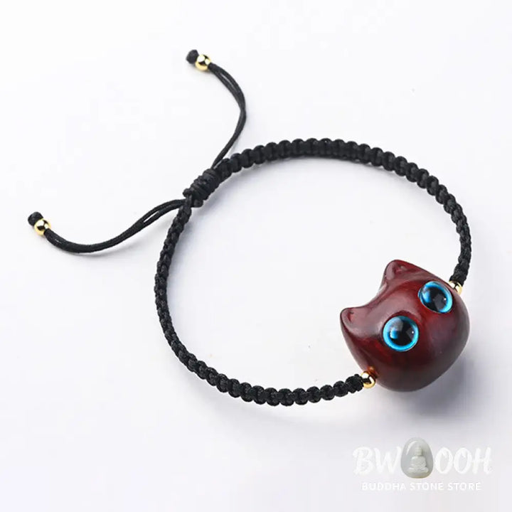 Buddha Stones Small Leaf Red Sandalwood Ebony Wood Cute Cat Head Calm Protection Braided Bracelet - BWOOOH - Bracelet