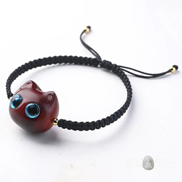 Buddha Stones Small Leaf Red Sandalwood Ebony Wood Cute Cat Head Calm Protection Braided Bracelet - BWOOOH - Bracelet